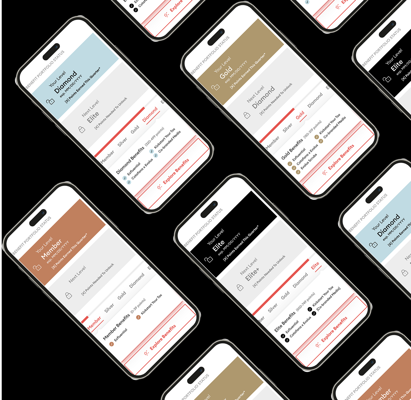 Mobile phone montage displaying evolus app screens