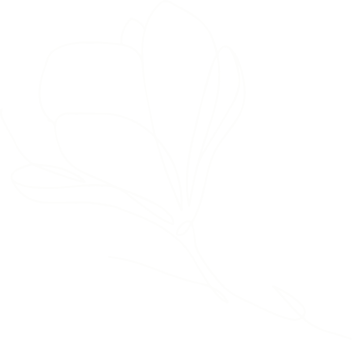 Minimalist single-line drawing of a blooming flower with petals and leaves on a black background.