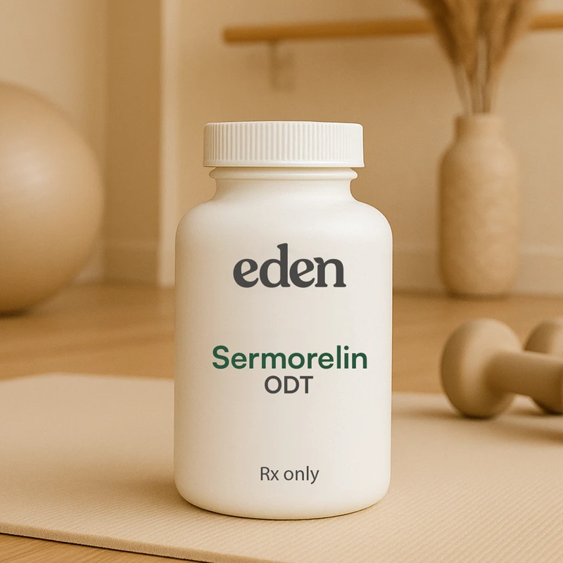 A bottle of Eden branded Sermorelin tablets