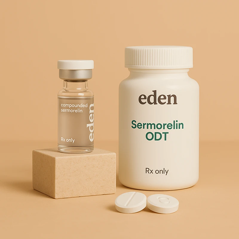 A vial of Eden branded Sermorelin next to a bottle of Eden branded Sermorelin tablets
