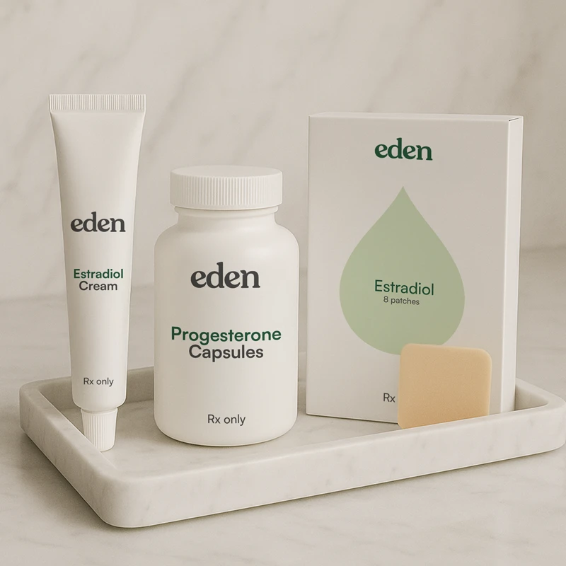 An Eden branded hormone kit including Estradiol patch, Progesterone compounded caps, and vaginal estradiol