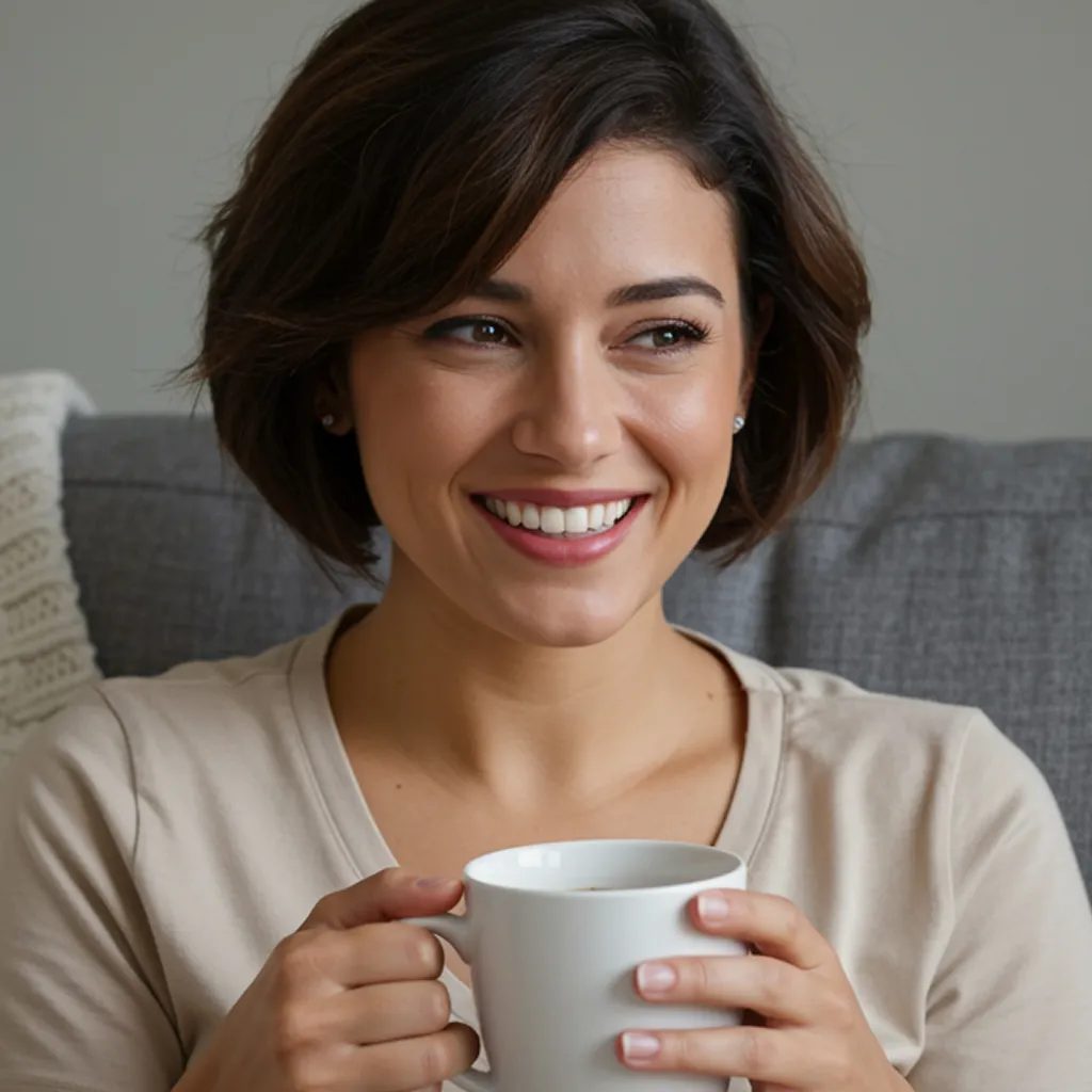 A middle-aged woman at home holding a cup of coffee.