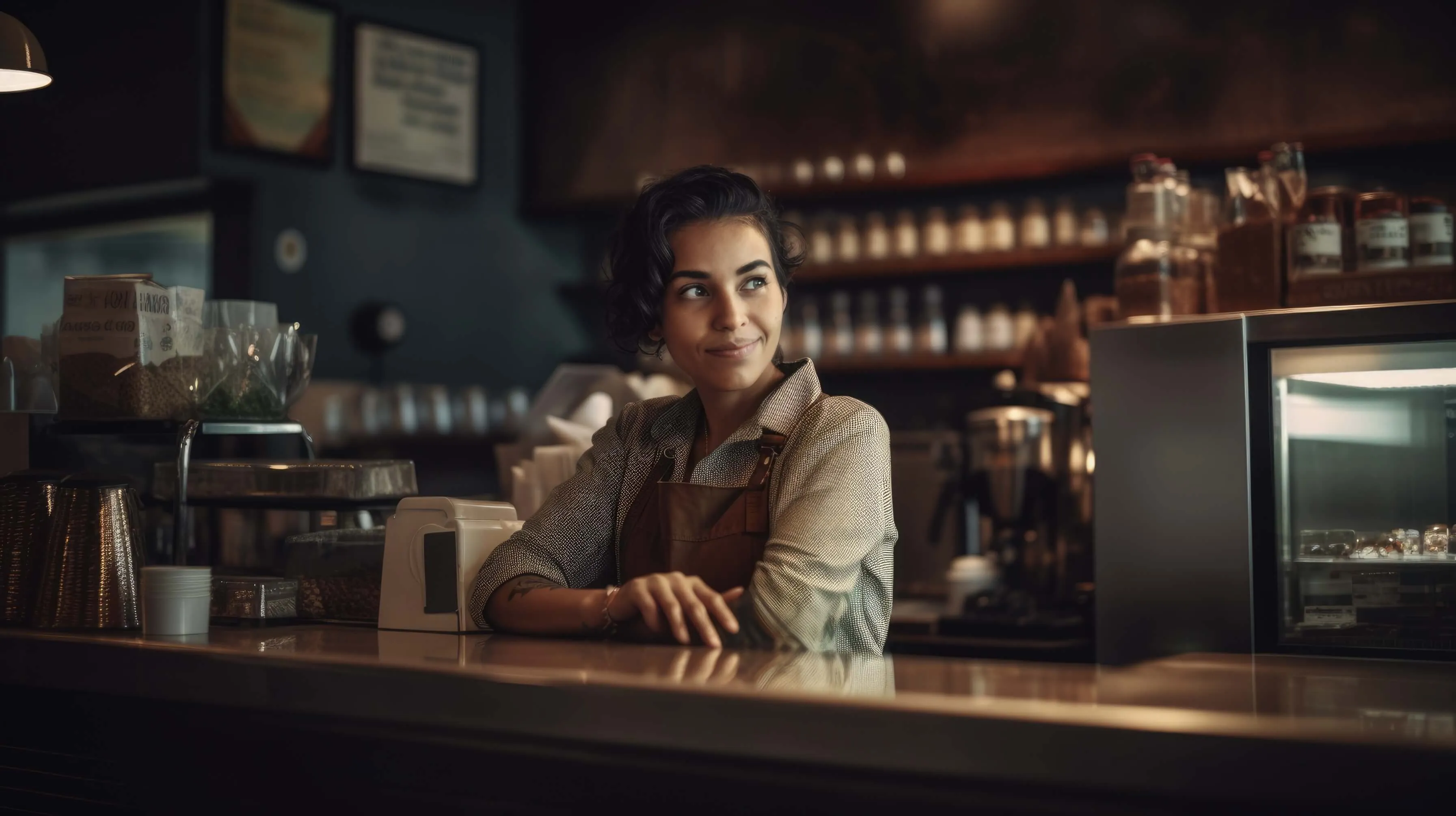 A woman sitting at a counter in a restaurant