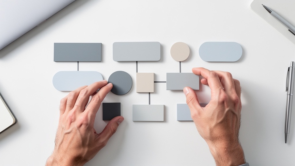Hands arranging abstract geometric shapes on a table, symbolizing strategic website architecture planning.