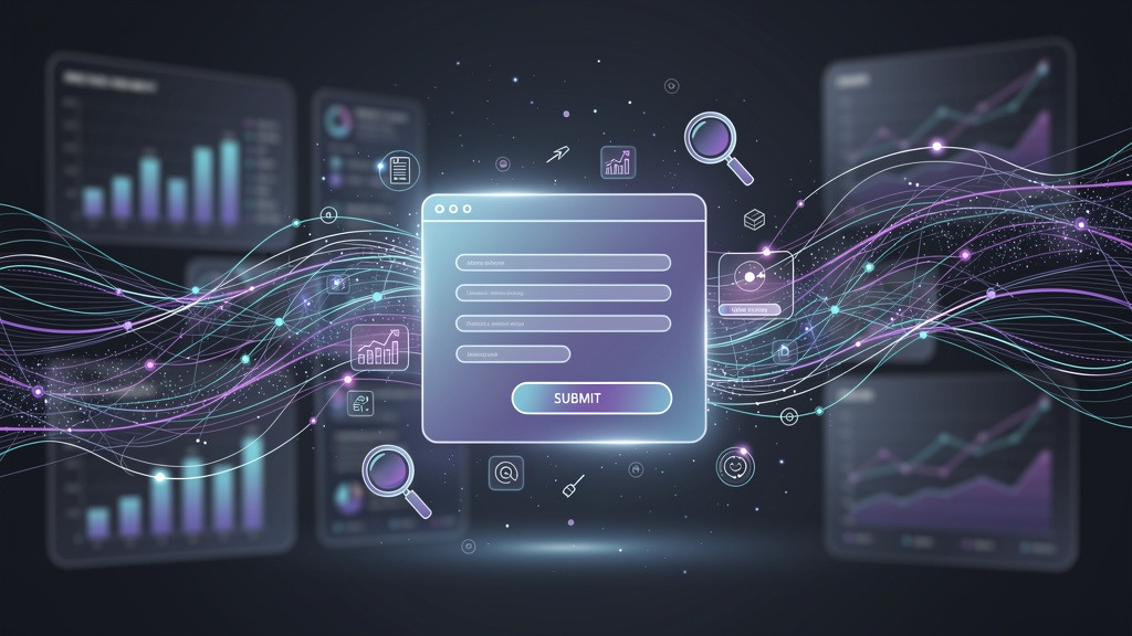 Abstract visualization of data flowing around a web form icon, representing form analytics and performance insights.