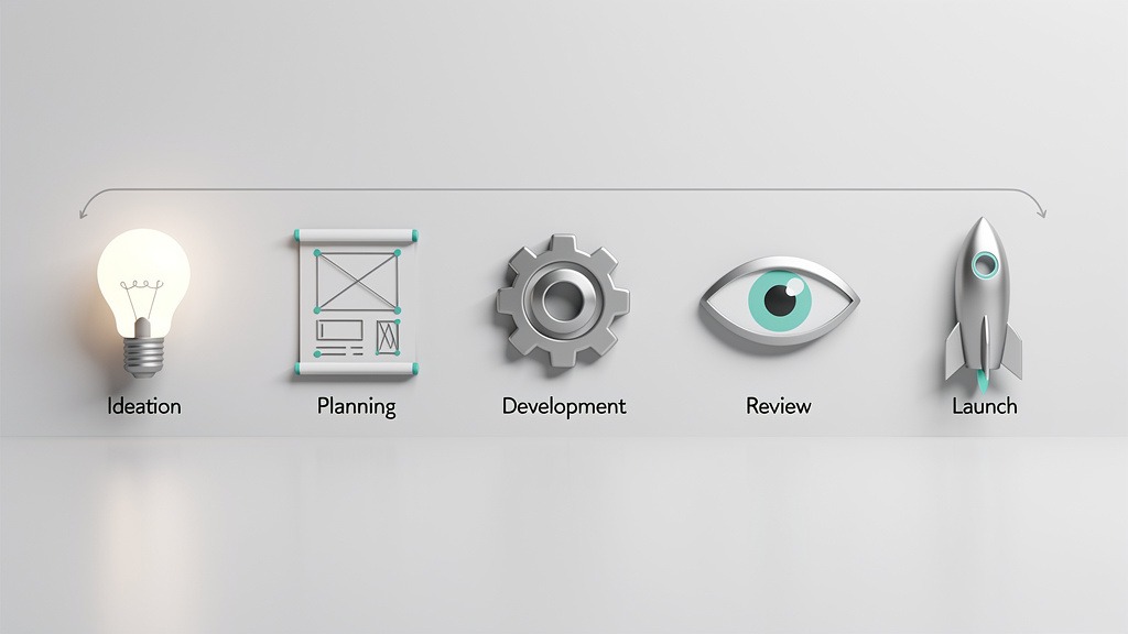 Sequential icons representing web design process steps: ideation, planning, development, review, and launch.