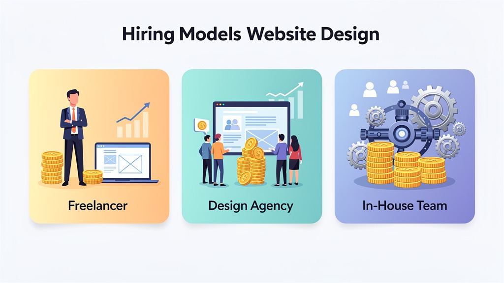 Illustrations comparing website design hiring models: freelance, agency, and in-house, with abstract cost indicators.