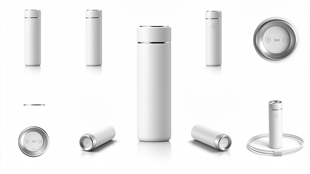 Multiple realistic product photographs of a sleek, minimalist item, showcasing different angles, close-ups, and a 360-degree view on a clean white studio background, emphasizing high-quality visual media for e-commerce.