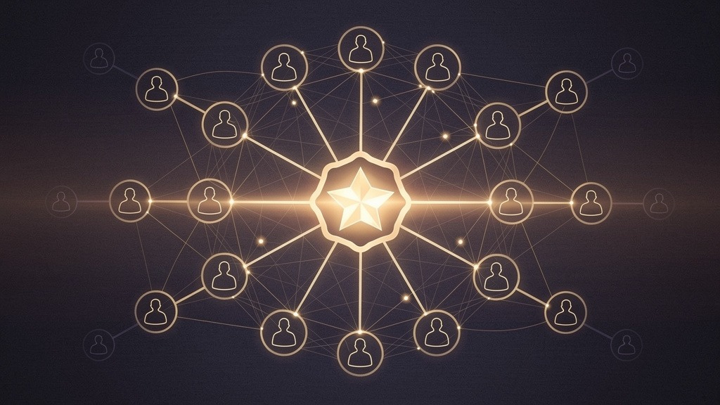Abstract graphic representation of multiple interconnected glowing lines and subtle human silhouettes converging towards a central star or badge icon, symbolizing social proof, customer reviews, and trust signals in e-commerce.