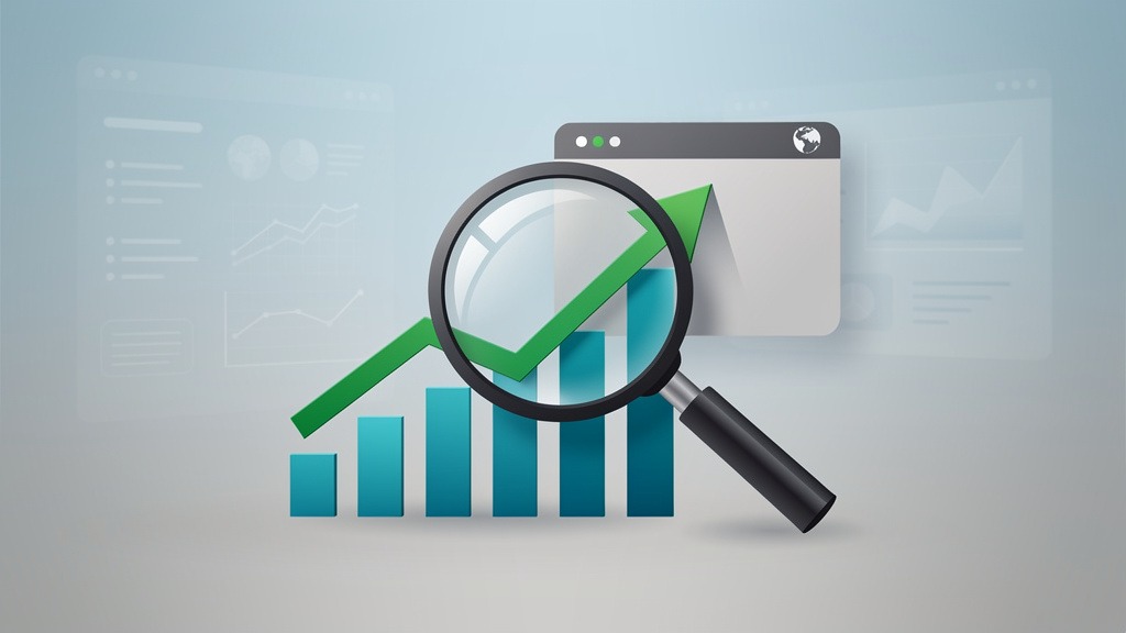 Stylized graph showing upward trend, a magnifying glass, and a website icon, symbolizing business success and SEO.