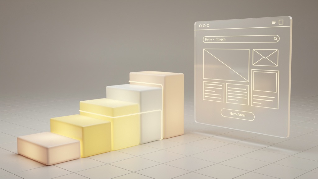 Illuminated steps or building blocks leading to a simplified website interface outline, representing a step-by-step design process.