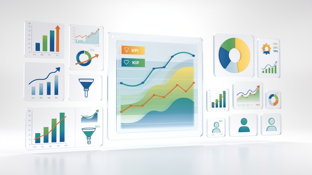 Multiple abstract data visualizations, including charts and graphs, representing key performance indicators for website success.
