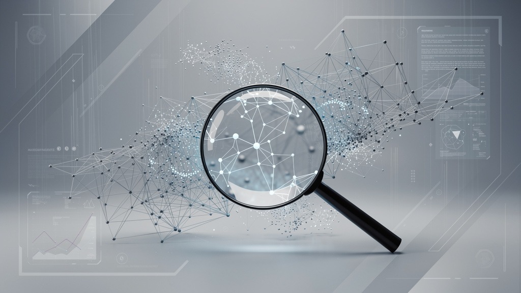 A magnifying glass examining an abstract digital network, representing a website performance audit.