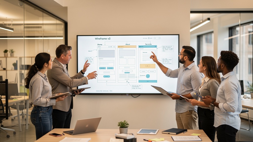 A team of designers and strategists collaborating on a digital wireframe, illustrating a strategic website redesign process.