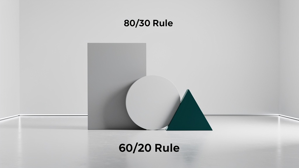 Abstract geometric shapes representing the 80/20 and 60/30/10 UX principles, arranged in a balanced and harmonious composition.