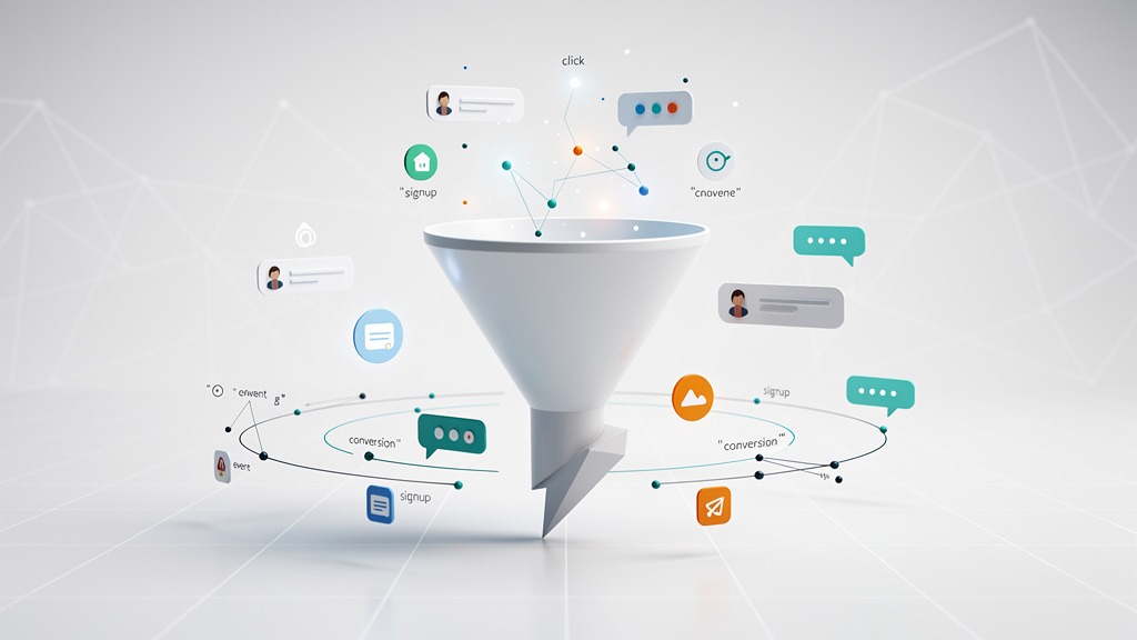 A 3D rendered abstract funnel transforming into an upward arrow, surrounded by digital data points, representing conversion rate optimization.
