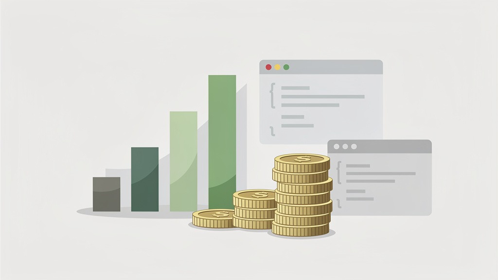 Stylized bar graph or stack of coins interacting with abstract design blocks, symbolizing website design costs and pricing models.