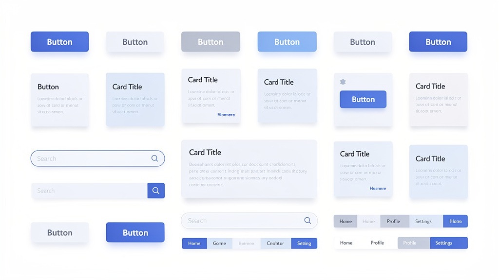 A clean grid of illustrated generic website UI components such as a button, input field, and card, representing reusable elements.