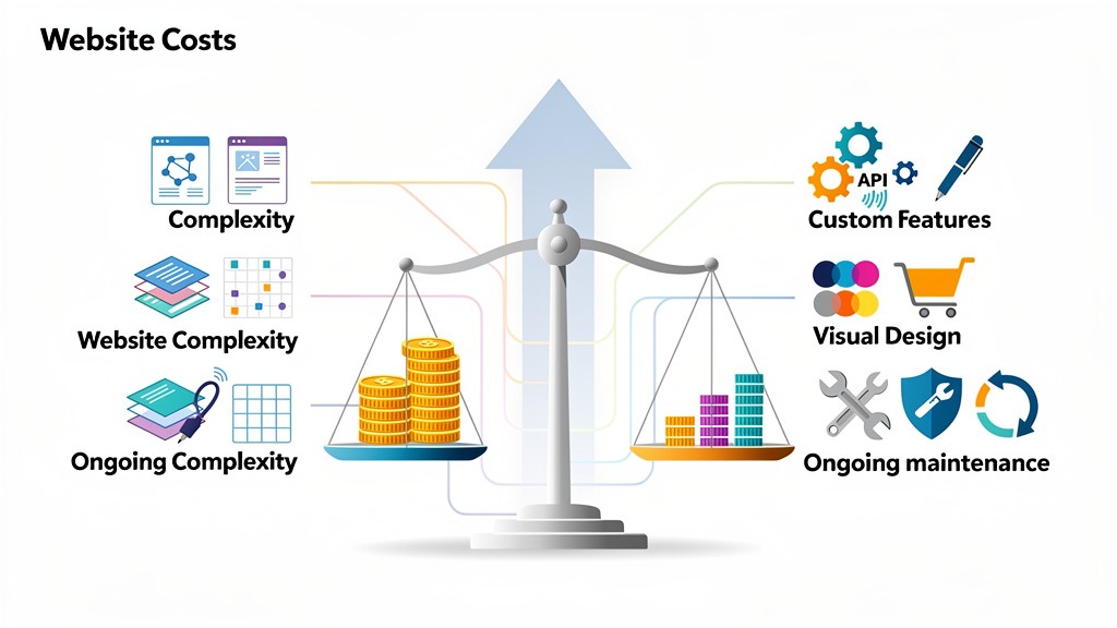 Conceptual illustration depicting a balanced scale with icons representing different factors like complexity, features, and design, influencing website development costs.