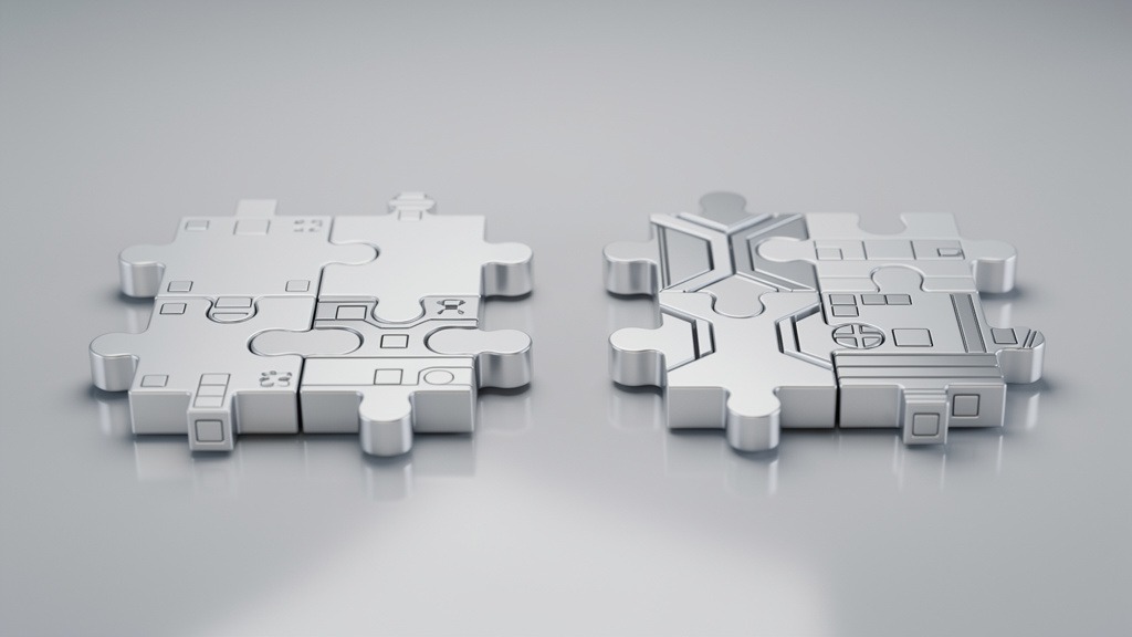 Two distinct sets of 3D digital puzzle pieces, illustrating different component systems like Webflow components and WordPress blocks.