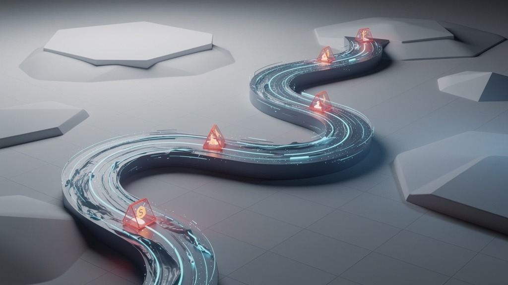A winding digital path with glowing obstacles, representing common challenges and lessons learned during component library implementations.