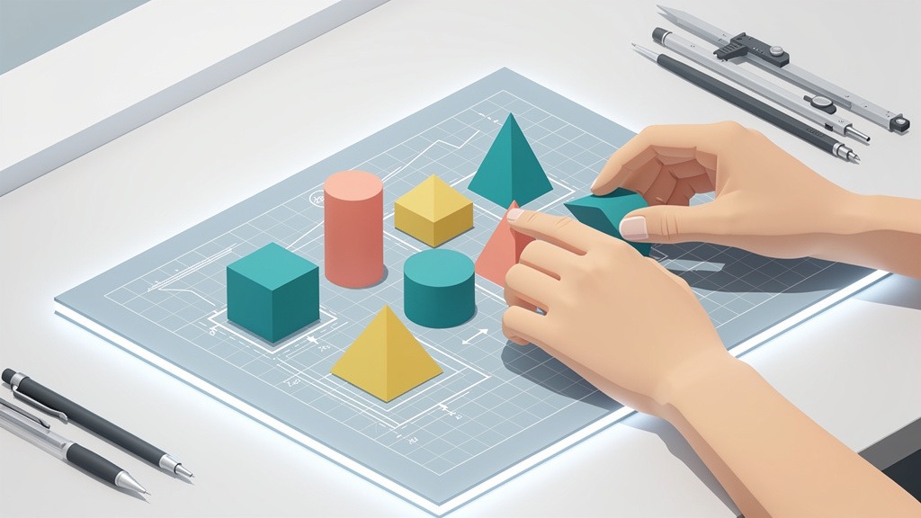 Hands carefully placing abstract building blocks on a grid, symbolizing strategic planning for a component library migration.