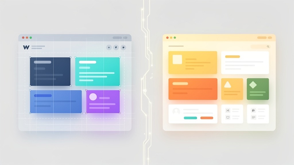 Abstract visual comparison of two distinct digital platforms, one representing Webflow's design focus and the other WordPress's modularity, side-by-side.
