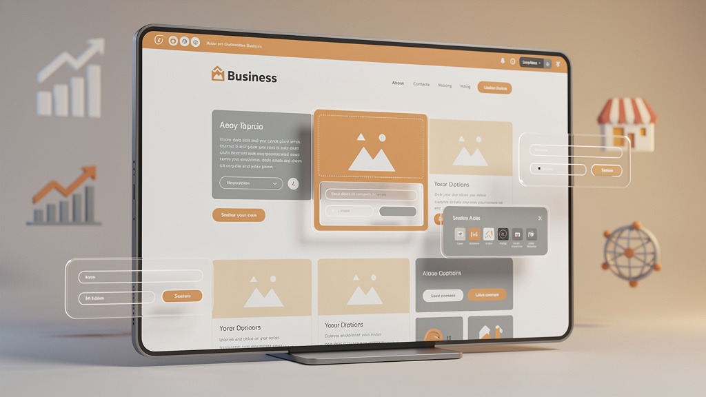 Stylized illustration of a business website interface with drag-and-drop elements on a digital screen, symbolizing an all-in-one website builder.