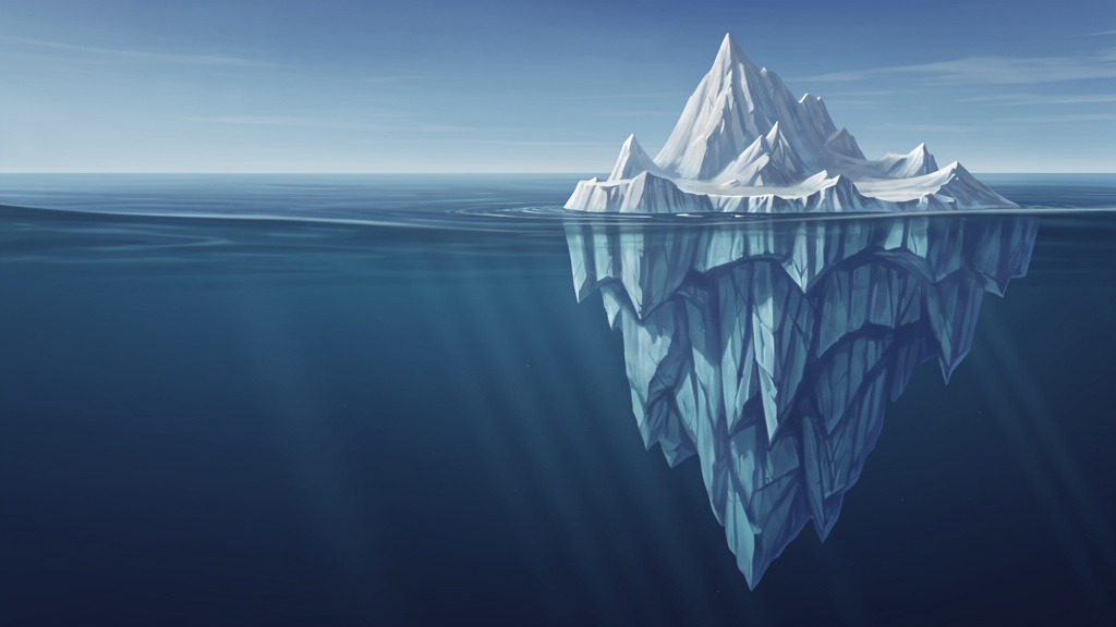 An iceberg with a small visible tip and a large hidden part underwater, symbolizing hidden costs and ongoing maintenance.