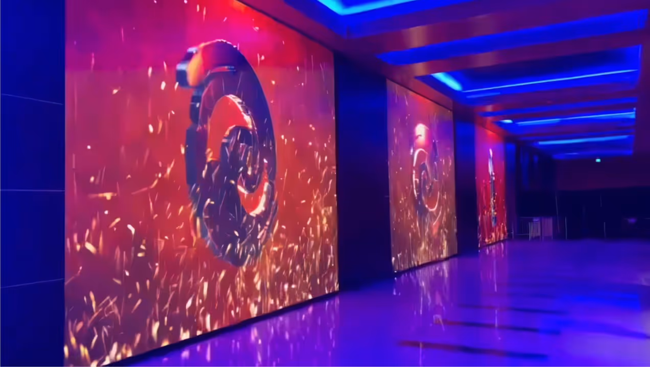 Digital signage solution in corporate lobby by Media Resources, featuring a video wall for an immersive experience.