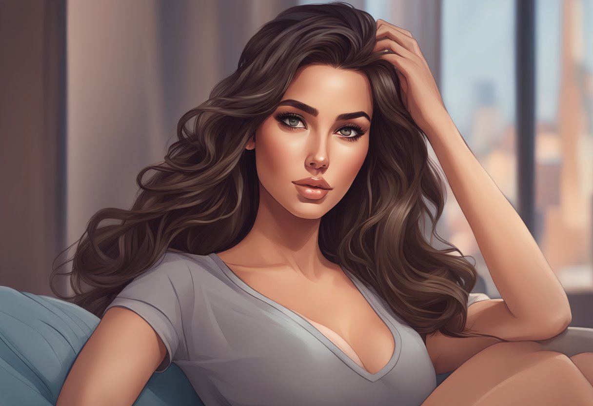 A sultry brunette poses provocatively for her OnlyFans profile, her tousled hair cascading over her shoulders as she gazes seductively into the camera