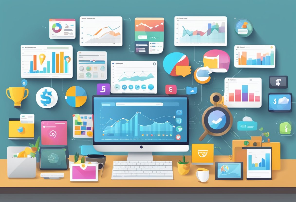 A computer screen with a variety of promotional tools and strategies displayed, such as social media icons, marketing graphics, and subscriber growth charts
