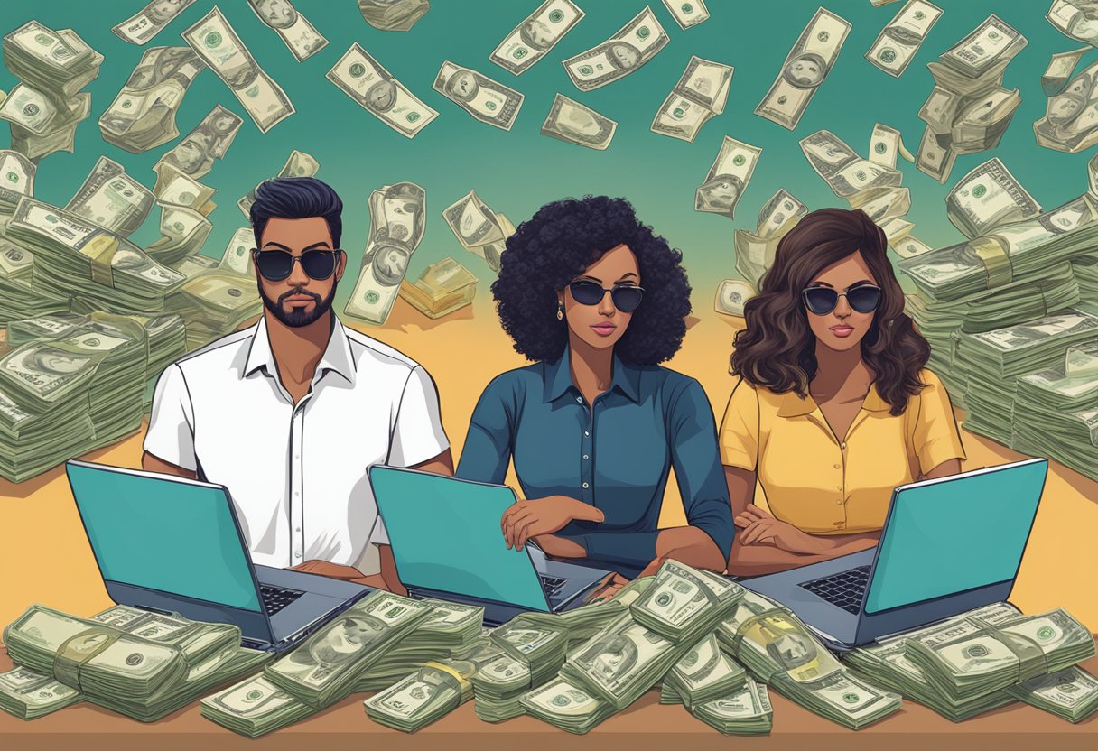 A sultry couple sits back-to-back with laptops, surrounded by stacks of cash