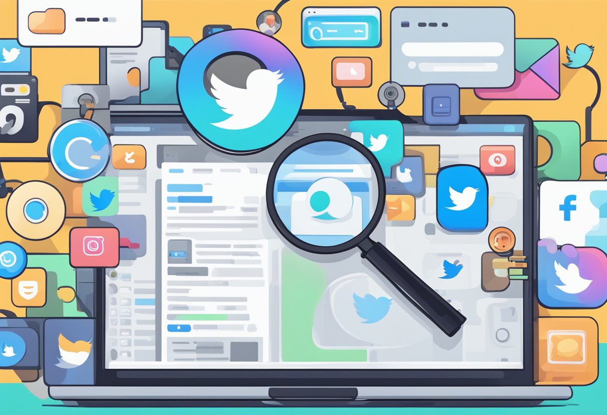 A laptop open with Twitter and OnlyFans tabs, surrounded by social media icons and a magnifying glass