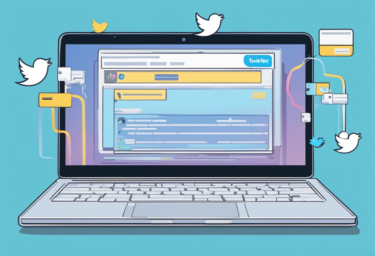 A laptop displaying Twitter and OnlyFans logos, with a cursor connecting them. Tweets promoting OnlyFans content on the screen