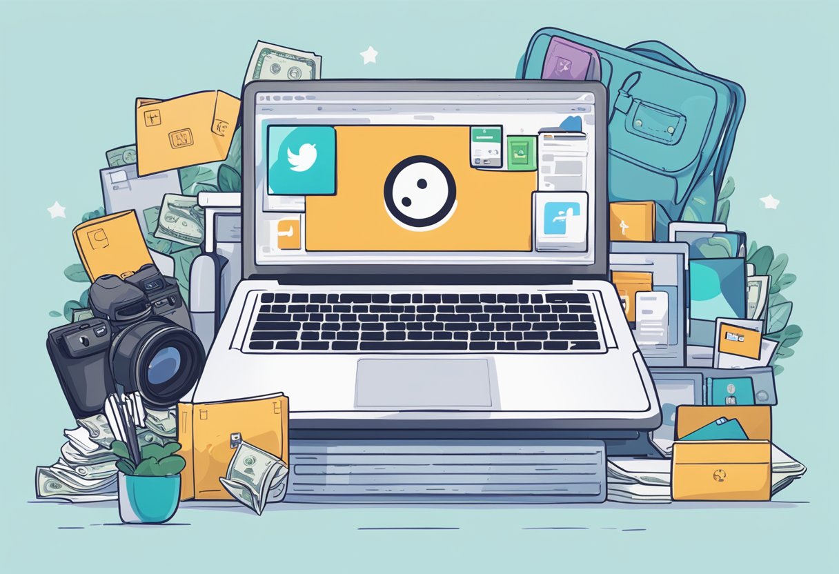 A laptop open to a Reddit profile with OnlyFans promotion posts, surrounded by relevant props like a camera, money, and social media icons