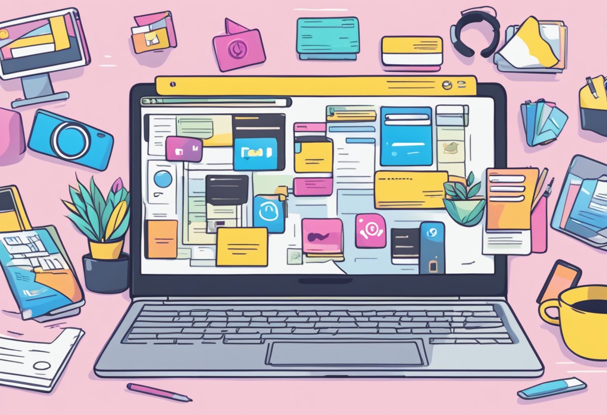 A laptop open to OnlyFans and Snapchat pages, surrounded by promotional materials like flyers and social media icons