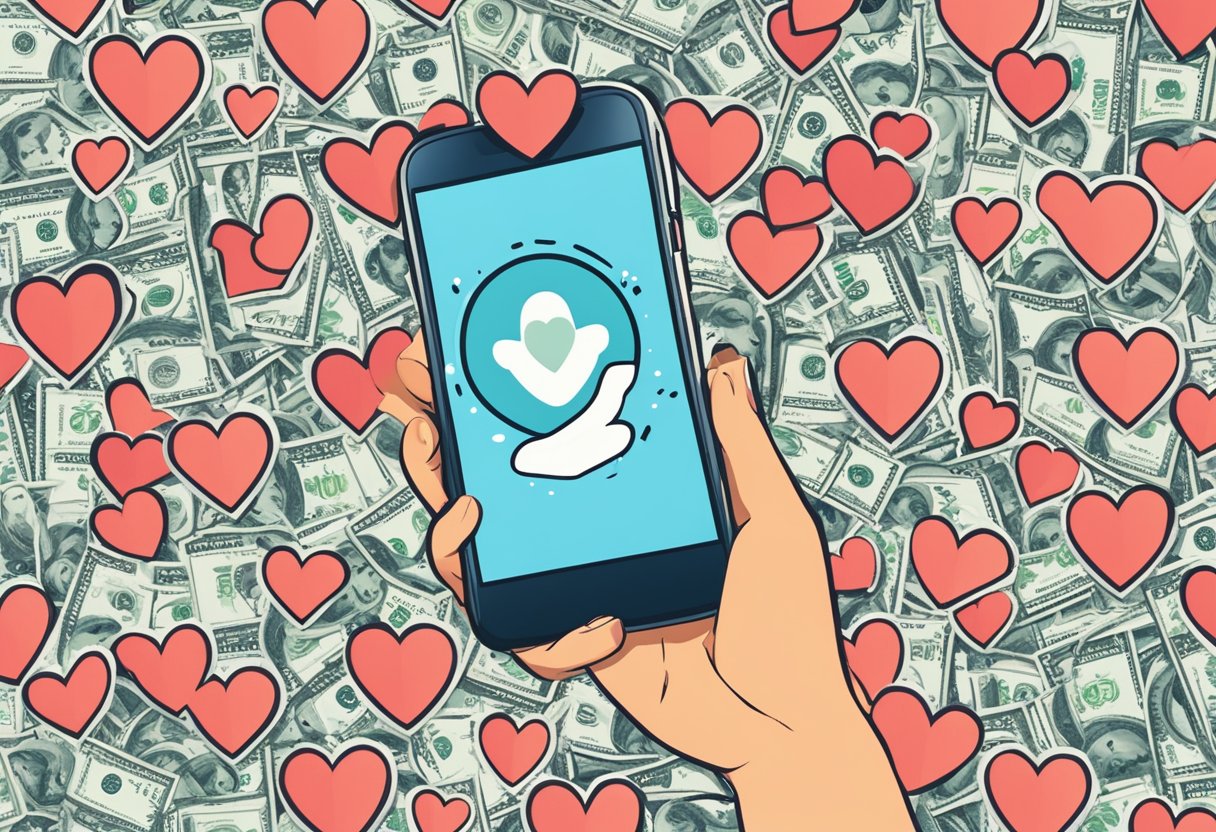 A smartphone displaying Onlyfans logo on a Snapchat profile, surrounded by hearts and dollar signs, with a "swipe up" arrow