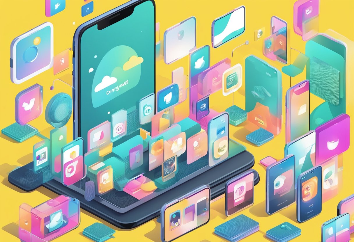 A smartphone with the OnlyFans logo on the screen, surrounded by Snapchat icons and promotional materials