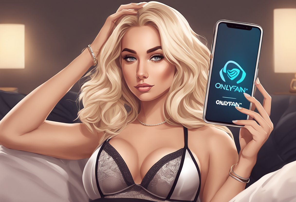 A seductive blonde woman poses in lingerie, holding a smartphone with the OnlyFans logo displayed on the screen