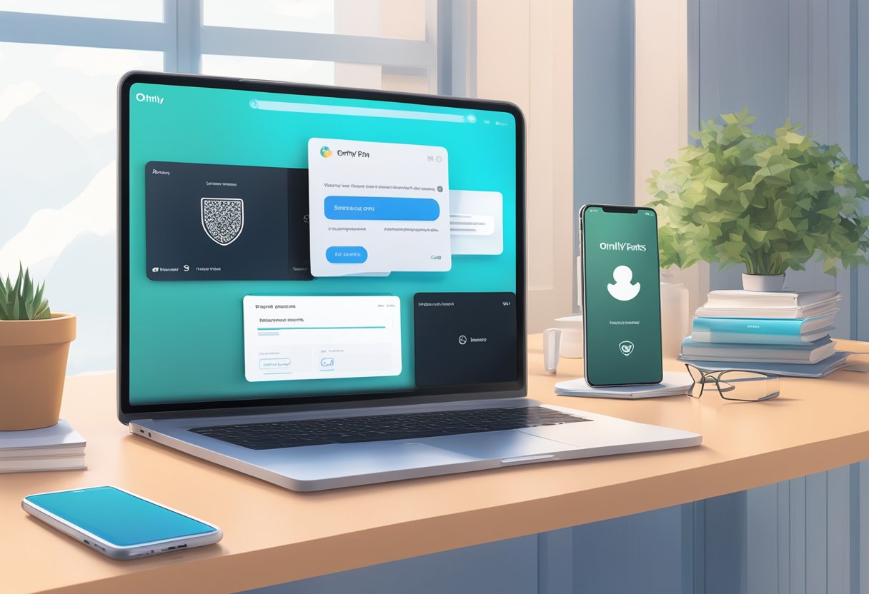 A laptop displaying OnlyFans verification process with ID and documents on a desk next to a smartphone with the OnlyFans app open