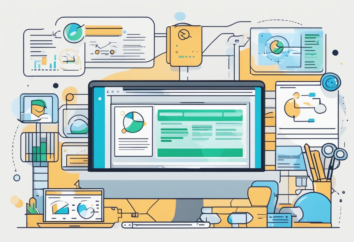 A laptop displaying a webpage with "Search Engine Optimization (SEO) onlyfans bio" at the top, surrounded by various SEO tools and analytics charts