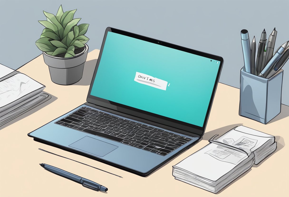 A laptop with "onlyfans bio" on screen, surrounded by scattered papers and a pen