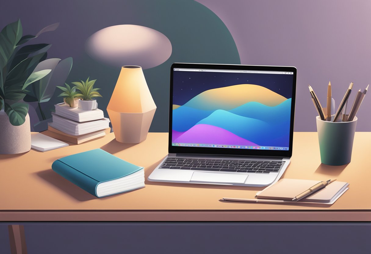 A laptop with a sleek design sits on a desk, surrounded by soft lighting and a few carefully curated props. A notepad with a pen rests next to it, adding a touch of sophistication to the scene