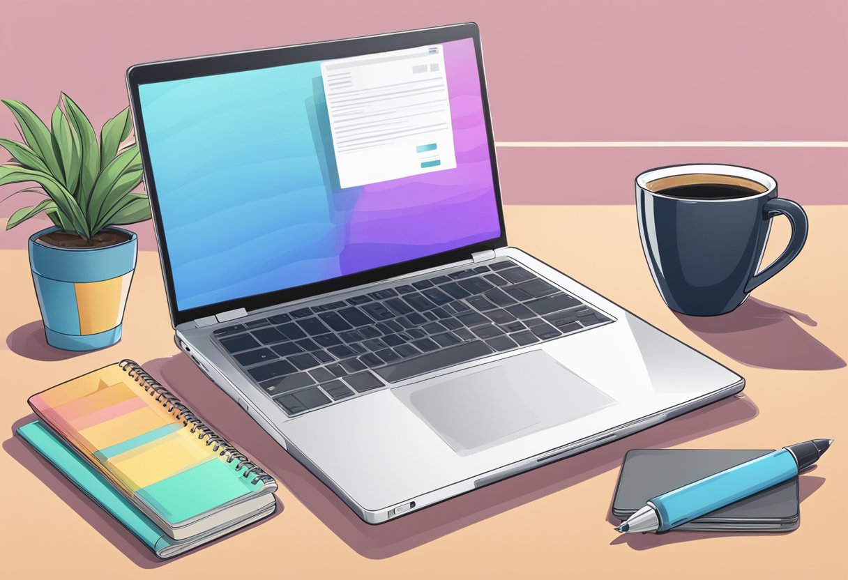 A laptop with the OnlyFans website open, a pen and notebook for brainstorming, and a cup of coffee for inspiration