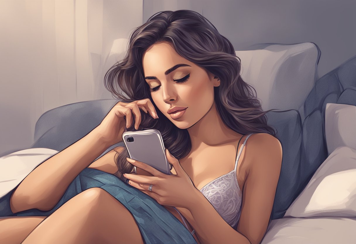 A seductive woman in lingerie texts on her phone