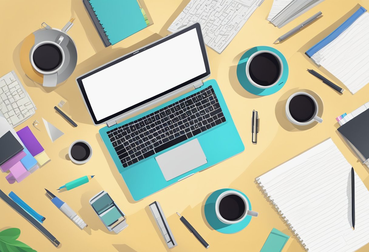 A laptop with a blank screen surrounded by various writing materials and a cup of coffee