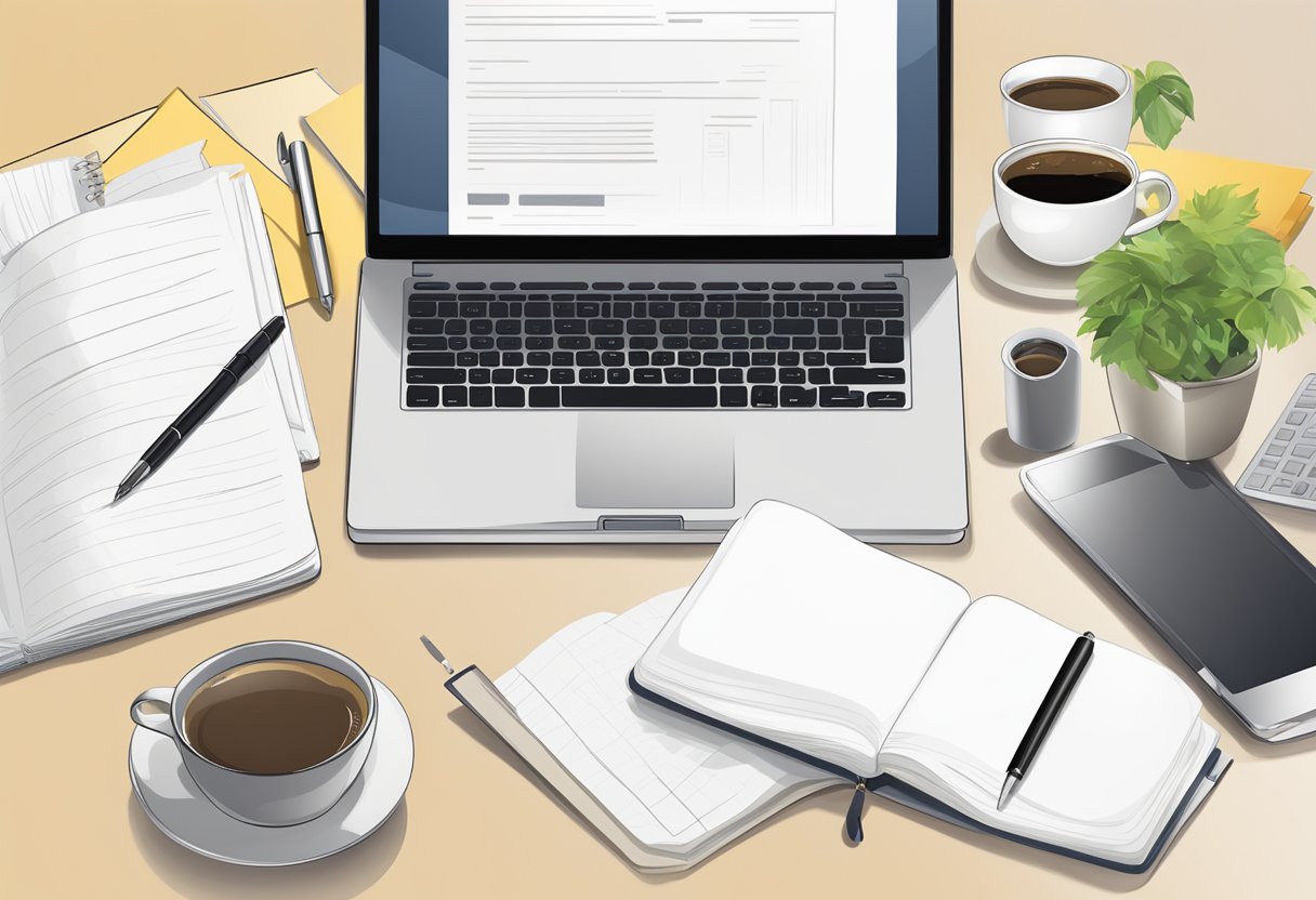 A laptop open to a welcome message template, surrounded by a notebook, pen, and coffee mug