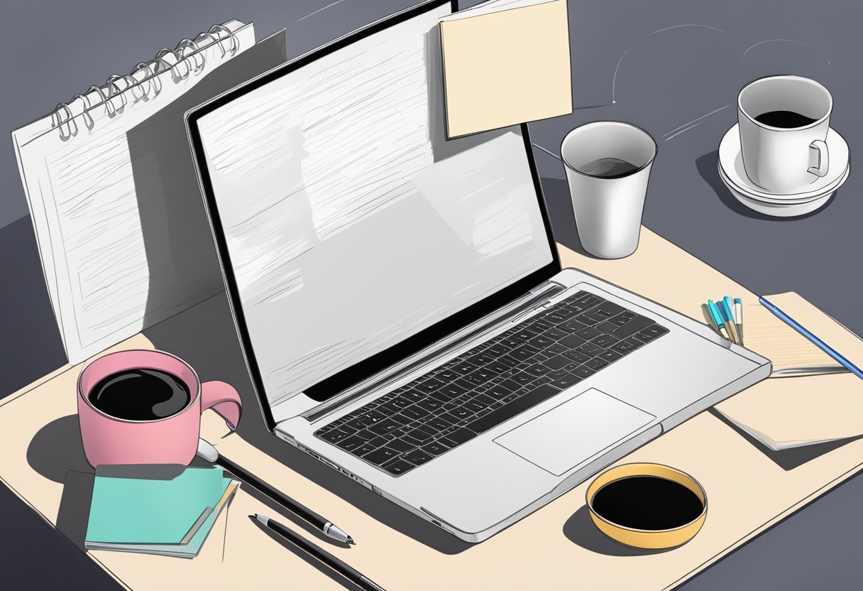 A laptop open on a desk with a blank screen, surrounded by various writing materials and a cup of coffee