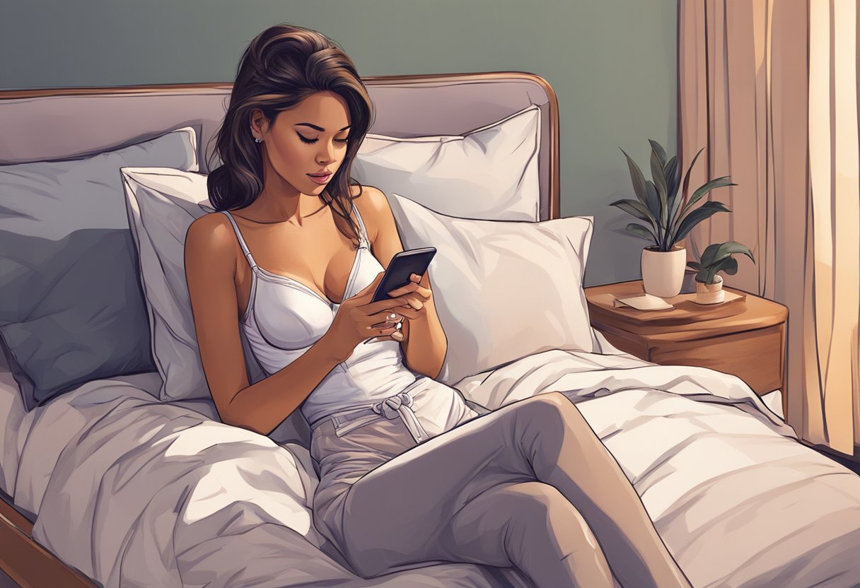 A woman in lingerie sits on a bed, texting on her phone with a sultry expression